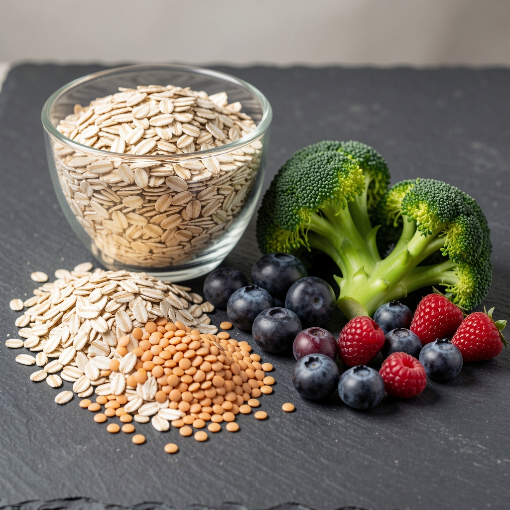 Assortment of high-fibre whole foods including oats, lentils, broccoli and fresh berries arranged on a slate surface