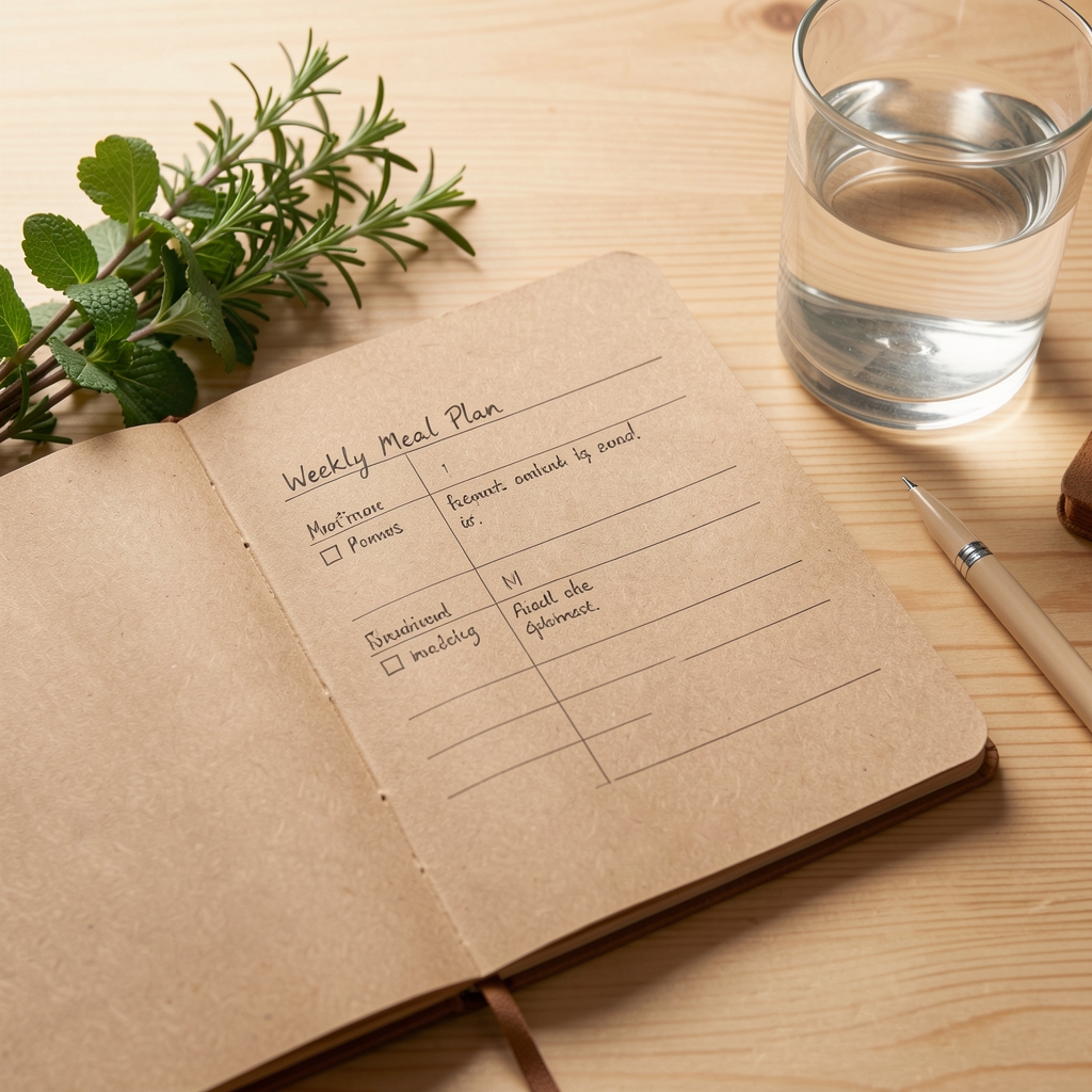 A structured weekly meal plan handwritten in a kraft paper notebook, placed next to fresh herbs and a glass of water on a light timber desk
